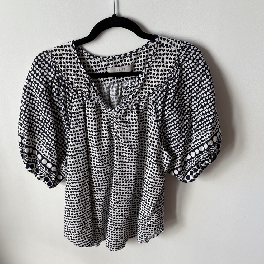 LOFT Navy and White Subtle Heart Patterned Blouse